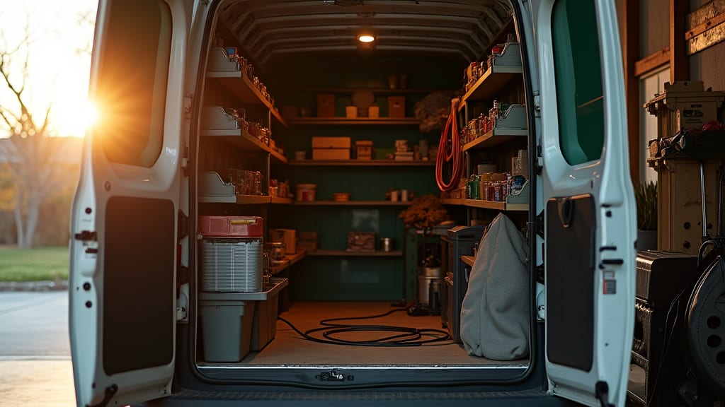 The open back doors of a service van at sunrise, shelves of parts and tools down both walls and a coiled hose across the floor.