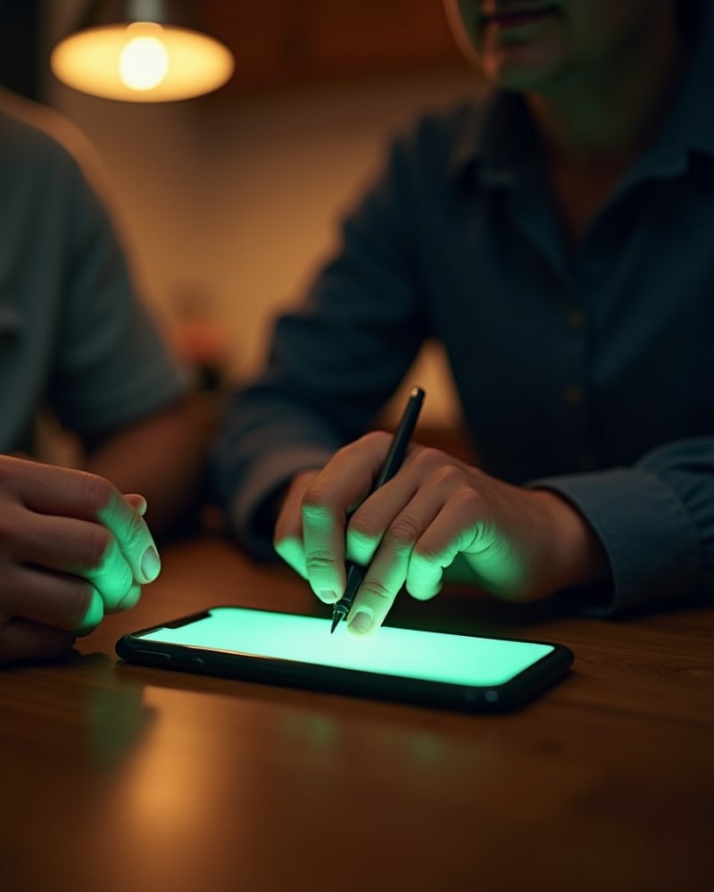 Two people at a kitchen table under a warm lamp, one of them signing an estimate on a phone lying flat between them, the screen glowing green.