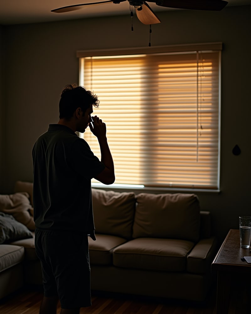 A homeowner standing in a dim living room in the middle of a hot day, seen from behind, phone held to their ear while hard bars of sunlight come through the shut blinds.