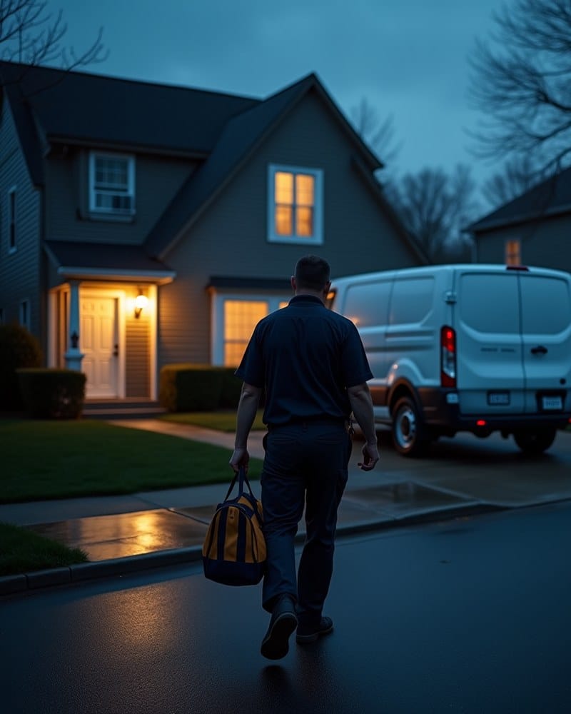 A technician carrying a tool bag up a suburban driveway toward a lit house at dusk, his white service van parked at the curb behind him.